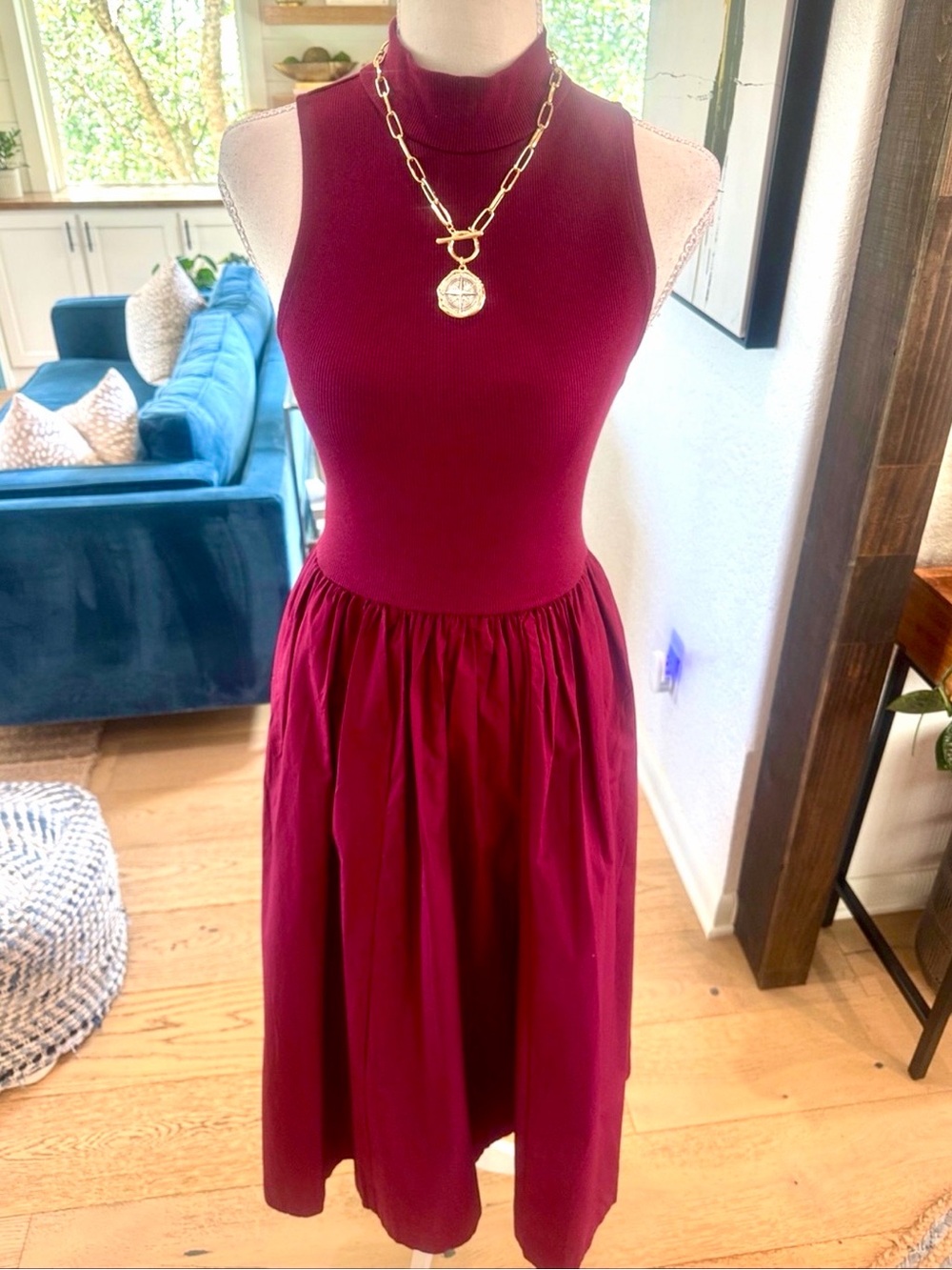 Sleeveless Mock Neck Midi Dress in Burgundy Size XS Cotton Bottom Skirt